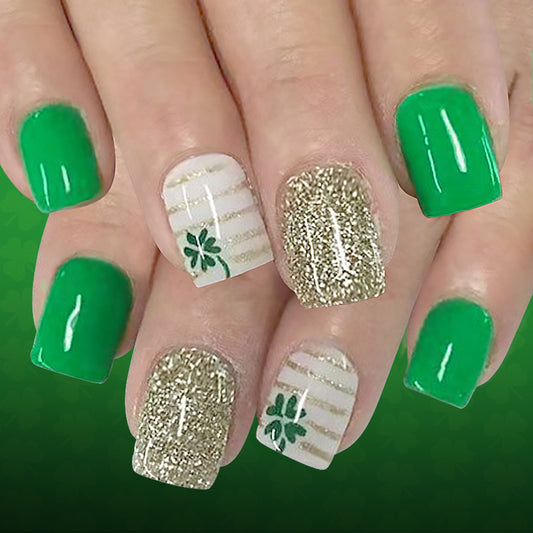 Lucky Charm Emerald Green Short Square Press-On Nail Set with Glitter and Clover Accent