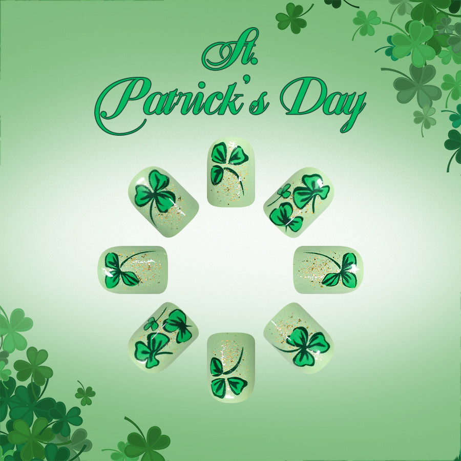 St Patrick's Day Inspired Short Square Green Press On Nail Set with Charming Clover Designs