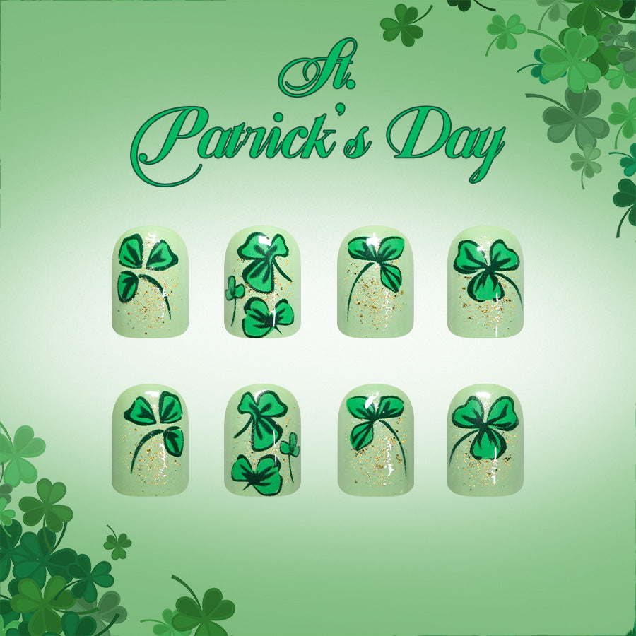 St Patrick's Day Bright Green Short Square Press On Nail Set with Sparkling Shamrock Designs