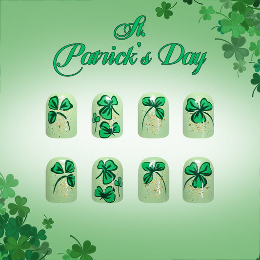 St Patrick's Day Bright Green Short Square Press On Nail Set with Sparkling Shamrock Designs
