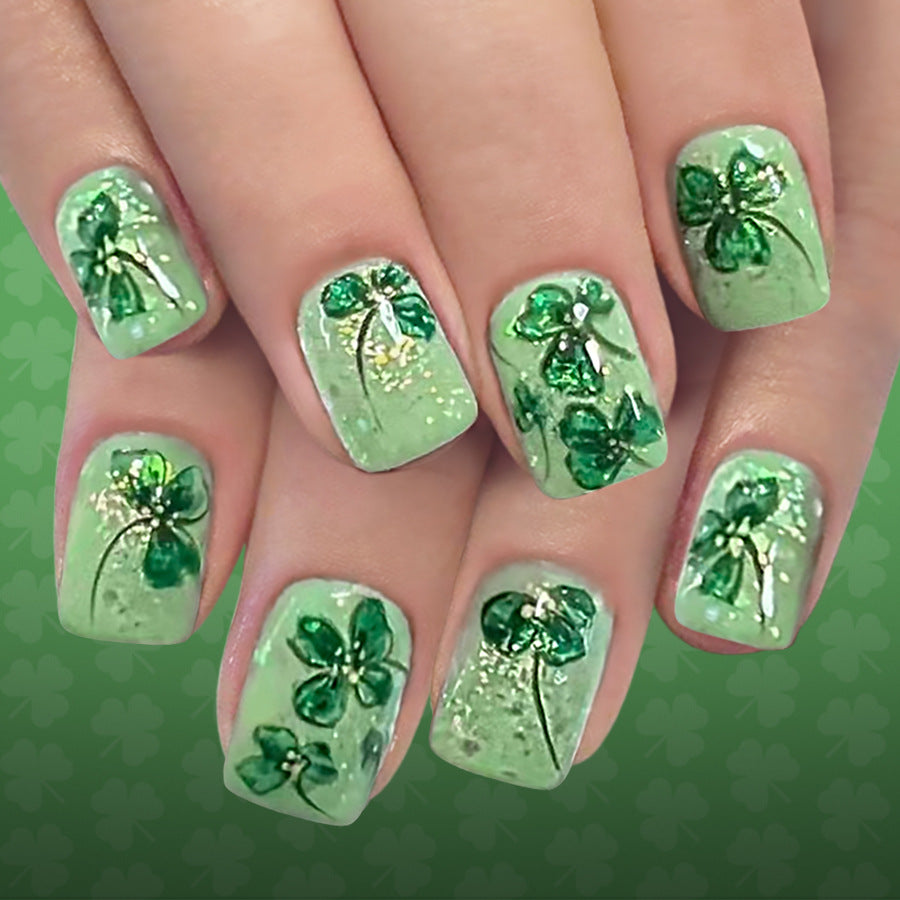 Lucky Clover Short Square Green Press-On Nails with Glittering Leaf Designs