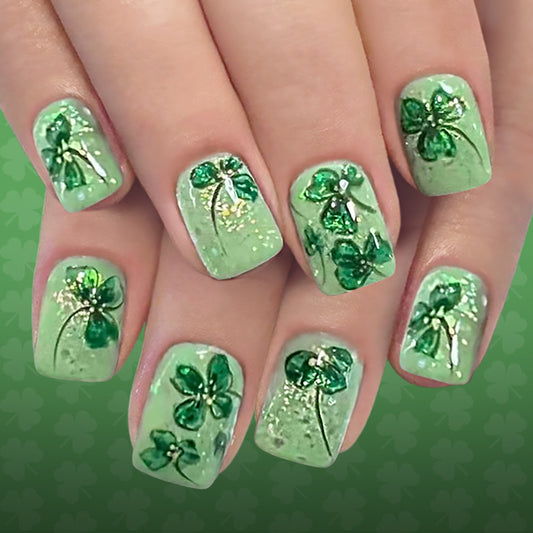 Lucky Clover Short Square Green Press-On Nails with Glittering Leaf Designs