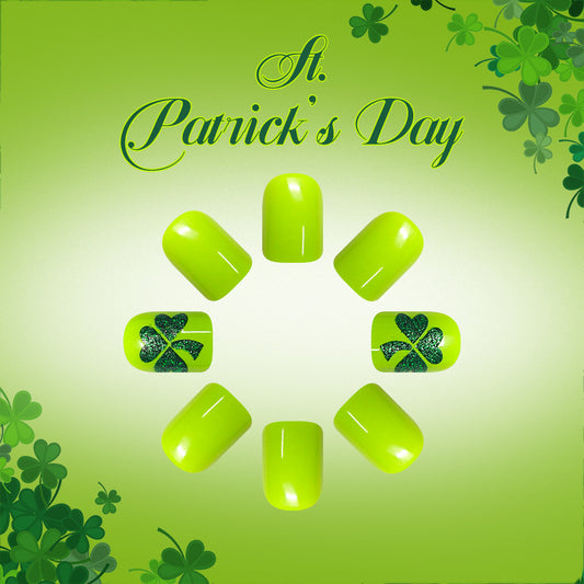 Lucky Charm St Patrick's Day Medium Square Bright Green with Glittery Shamrock Accent Press-On Nail Set