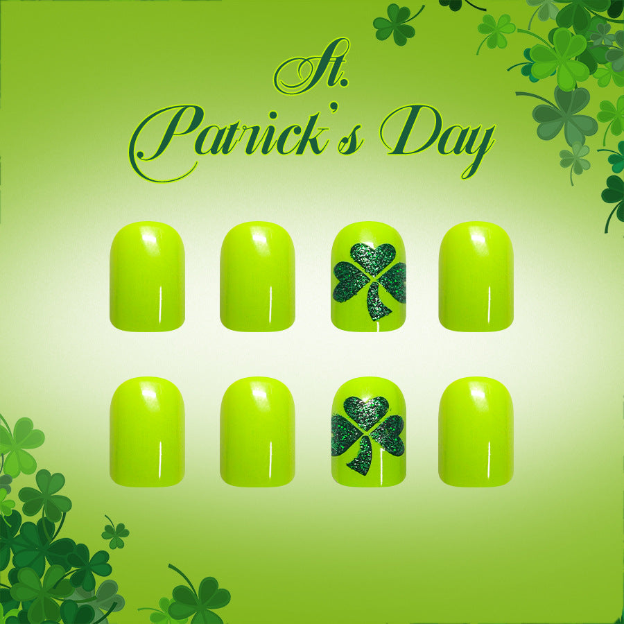 Lucky Charm Vibrant Green Short Square Nail Set with Sparkling Shamrock Design for Festive Celebrations