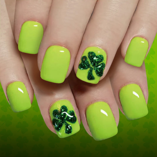 Lucky Charm Vibrant Short Square Neon Green Press On Nail Set with Glittery Clover Accent
