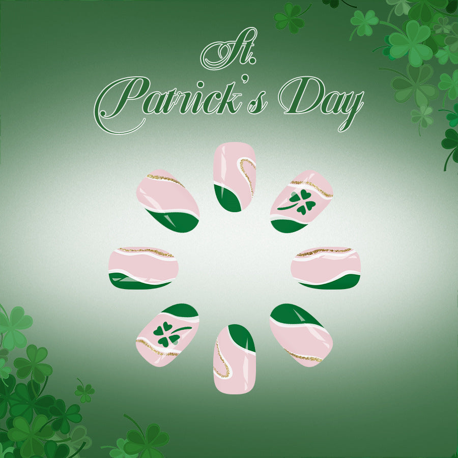Lucky Charm St Patrick's Day Press On Nail Set Short Oval Pink and Green with Gold Accents