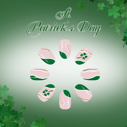 Lucky Charm St Patrick's Day Press On Nail Set Short Oval Pink and Green with Gold Accents