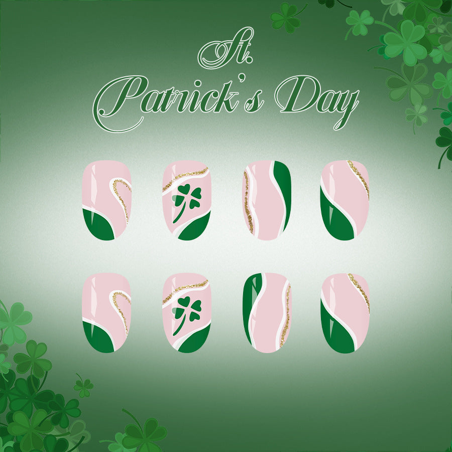 St Patrick's Day Inspired Short Oval Pink and Green Press on Nail Set with Gold Accent Details