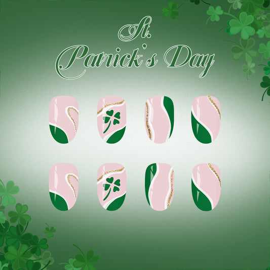 St Patrick's Day Inspired Short Oval Pink and Green Press on Nail Set with Gold Accent Details