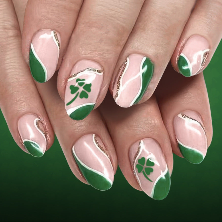 Lucky Charm Medium Oval Pink and Green Nail Set with Gold Accent Detail