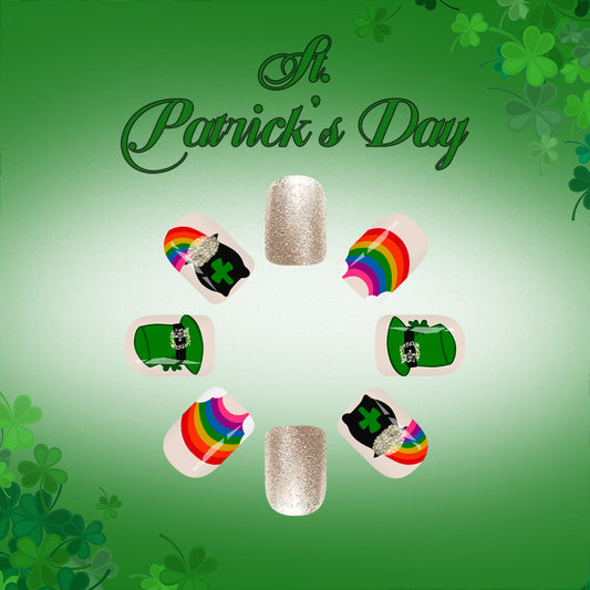 Lucky Charm Short Square Green Press on Nail Set with Sparkling Glitter Accent and Fun Rainbow Designs