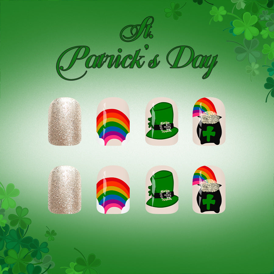 Luck of the Irish Glossy Short Square Green and Gold Glitter Press On Nail Set with Rainbow and St. Patrick's Day Theme