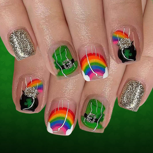 Rainbow Magic Short Square Long Green and Gold Sparkle Press-On Nail Set