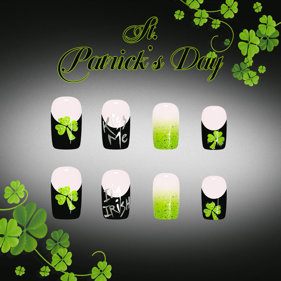 St. Patrick's Day Festivity Medium Square Green and Black Ombré Nails with Clover and Kiss Me Designs
