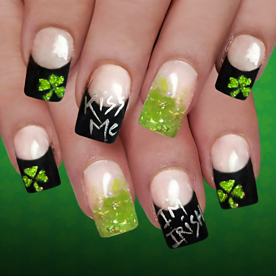 St. Patrick's Day Celebration Medium Square Press On Nail Set in Green Black and Glitter with Fun Kiss Me and I'm Irish Designs