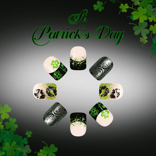 Lucky Charm Festivity Nail Set in Short Square Emerald Green with Glamorous Glitter Accents