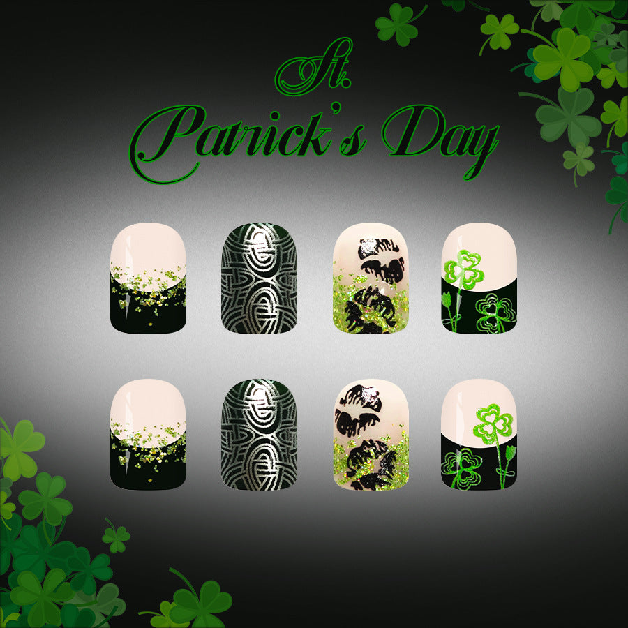 Lucky Charm Press-On Nail Set Perfectly Short Square Emerald Green with Glittering Shamrock Design