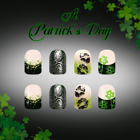 Lucky Charm Press-On Nail Set Perfectly Short Square Emerald Green with Glittering Shamrock Design