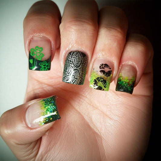 Lucky Charm Medium Square Emerald Green Glitter Press-On Nail Set with Unique Celtic Designs