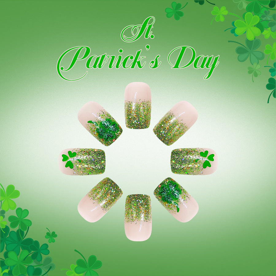 Enchanted Shamrock Dream Press-On Nail Set Medium Square Green with Sparkling Glitter and Festive Clover Accents