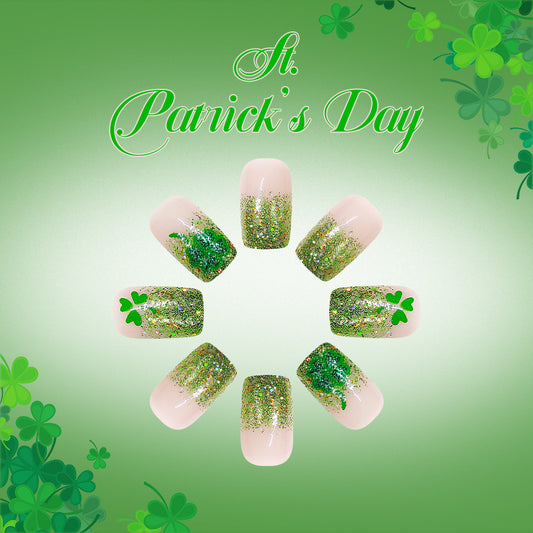 Enchanted Shamrock Dream Press-On Nail Set Medium Square Green with Sparkling Glitter and Festive Clover Accents