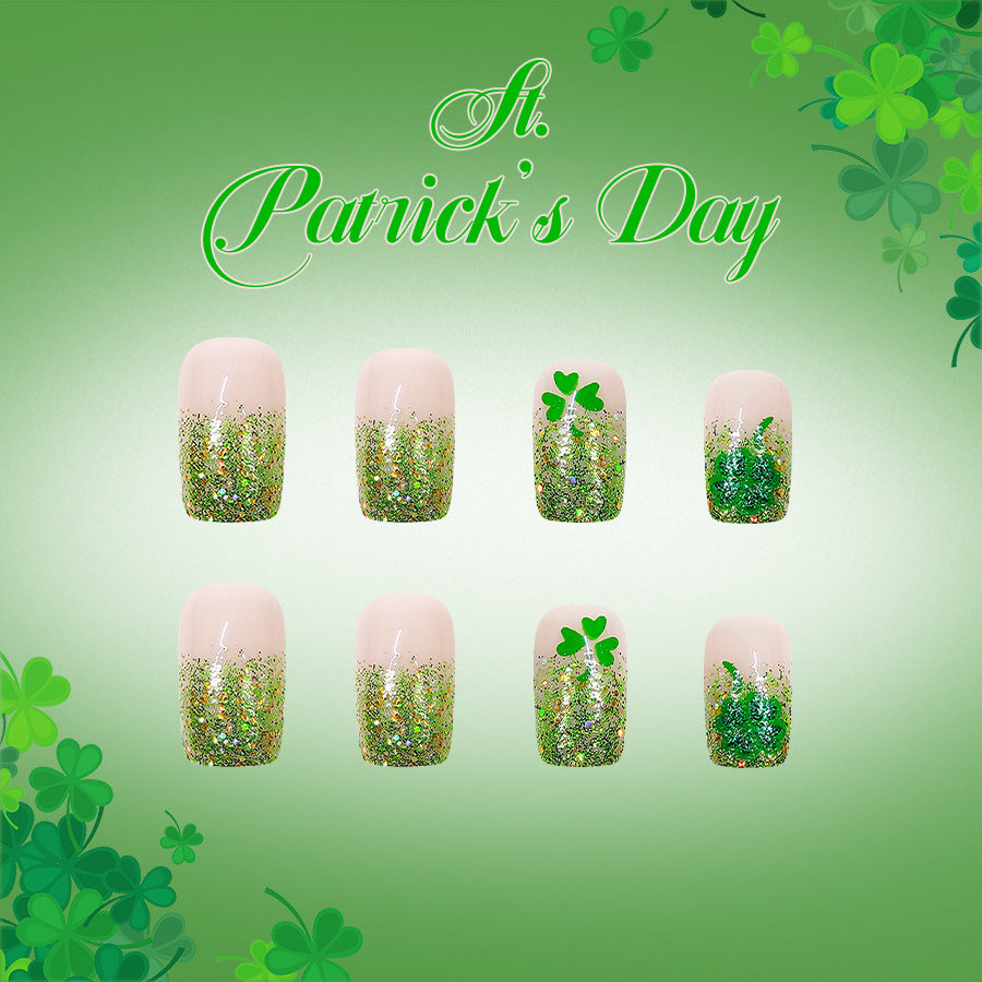 Lucky Charm Medium Square Green Glittery Press-On Nail Set with Shamrock Accents