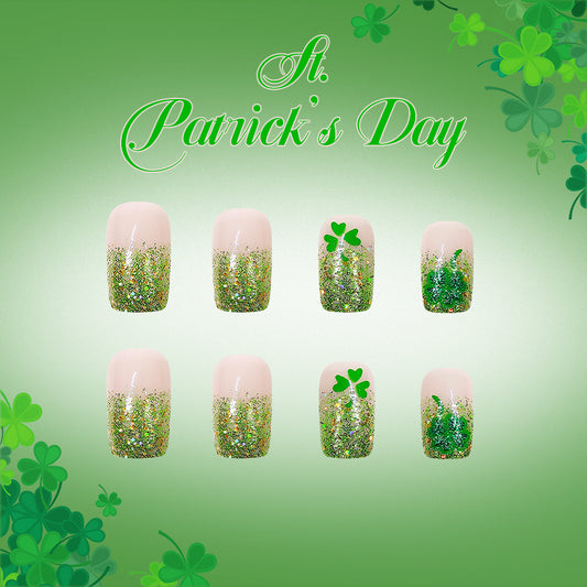 Lucky Charm Medium Square Green Glittery Press-On Nail Set with Shamrock Accents