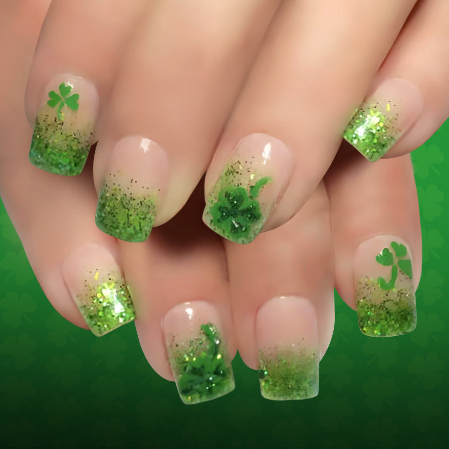 Luck of the Irish Medium Square Green Ombre Press On Nails with Glittering Shamrock Accents