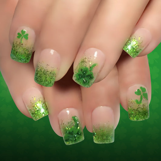 Luck of the Irish Medium Square Green Ombre Press On Nails with Glittering Shamrock Accents