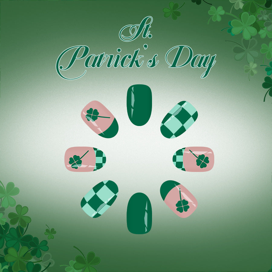 Lucky Clover Inspired Green Medium Almond Press-On Nail Set with Festive Shamrock Design