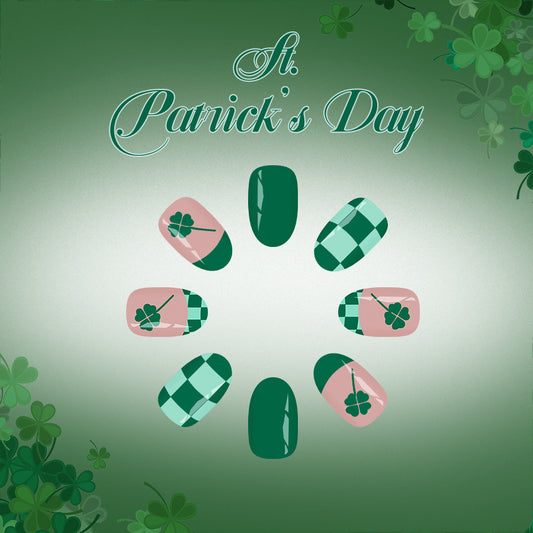 Lucky Clover Inspired Green Medium Almond Press-On Nail Set with Festive Shamrock Design