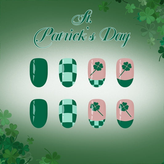 St Patrick's Day Green Medium Almond Shaped Press on Nail Set featuring Unique Checkered and Clover Designs