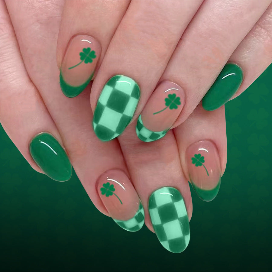 Emerald Enchantment Medium Almond Green Checkered Tips with Shamrock Accents Press-On Nail Set