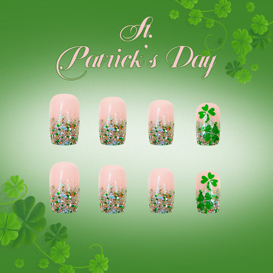 Magical St Patrick's Day Medium Square Green Glitter Ombre with Shamrock Accent Press On Nail Set