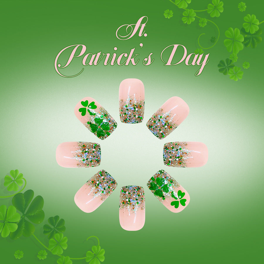 St. Patrick's Day Glamorous Medium Square Green Glitter Gradient Press on Nail Set