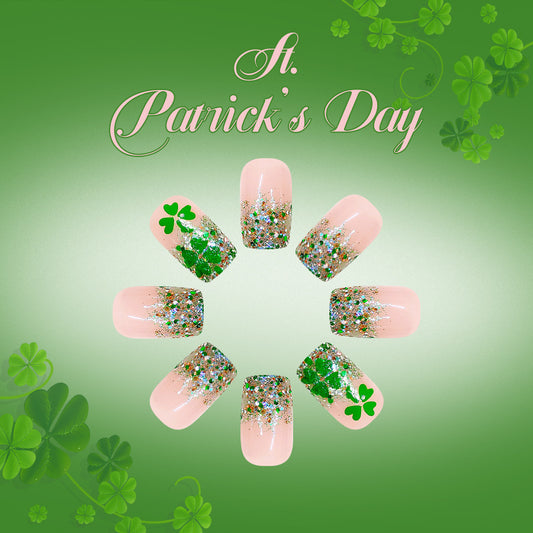 St. Patrick's Day Glamorous Medium Square Green Glitter Gradient Press on Nail Set