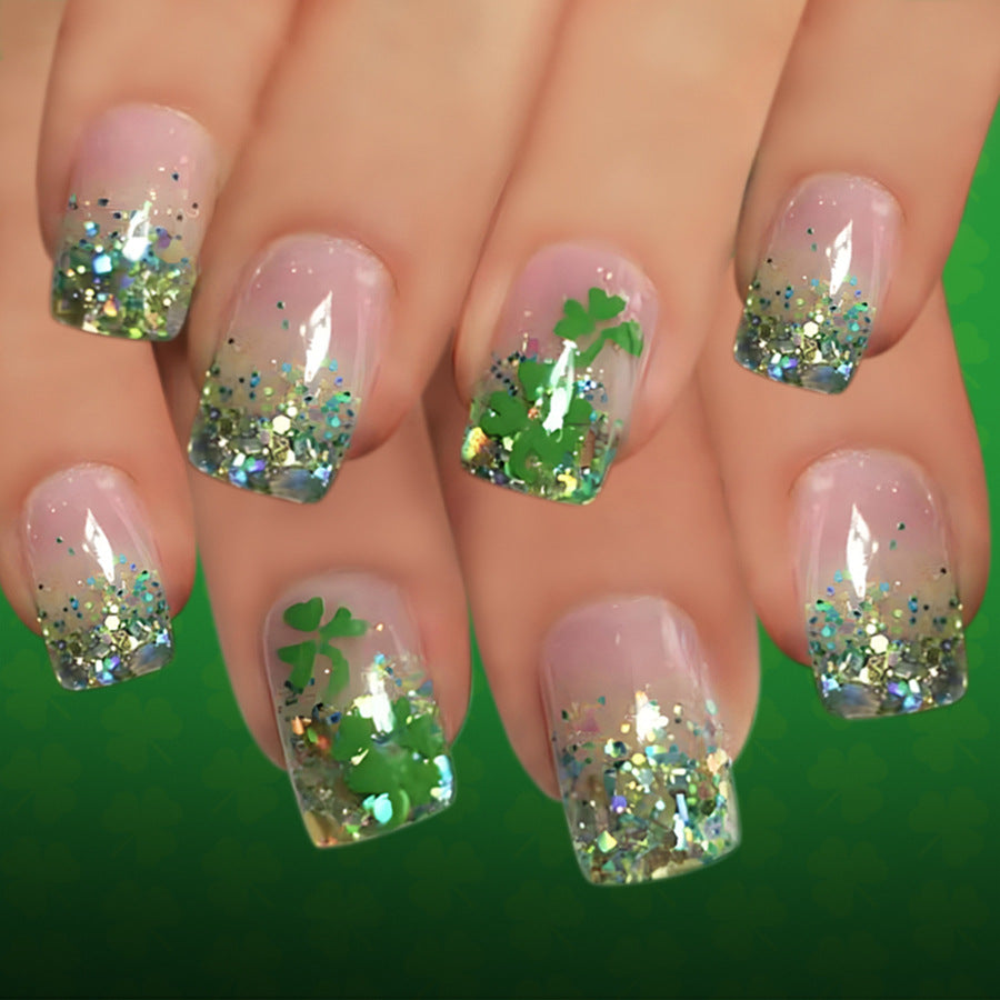 Lucky Charm Elegant Medium Square Glitter Green Press-On Nail Set with Shamrock Design