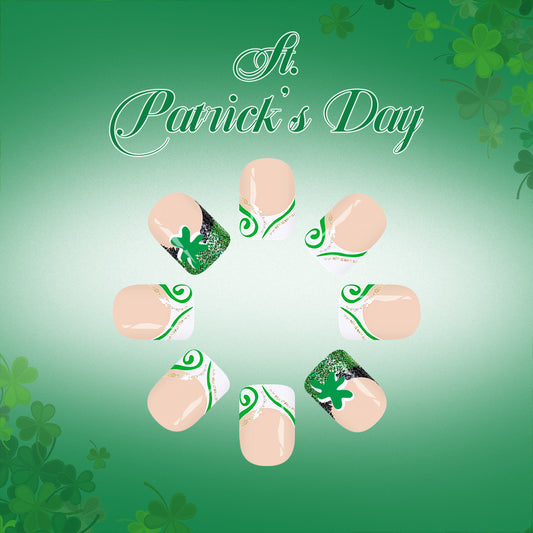 Lucky Charm Short Square Green Nail Set with Glitter and Shamrock Design for Festive Occasions