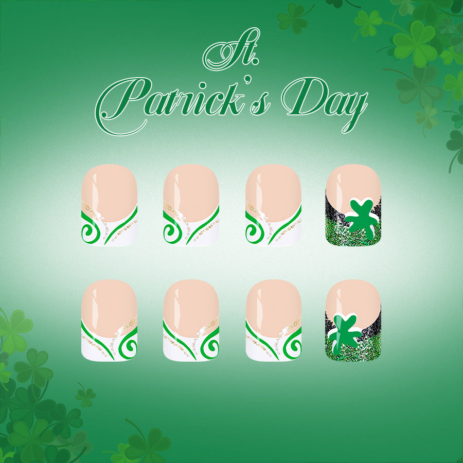 St Patrick's Day Festivity Short Square Green and Beige Press-On Nails with Glittery Shamrock Design