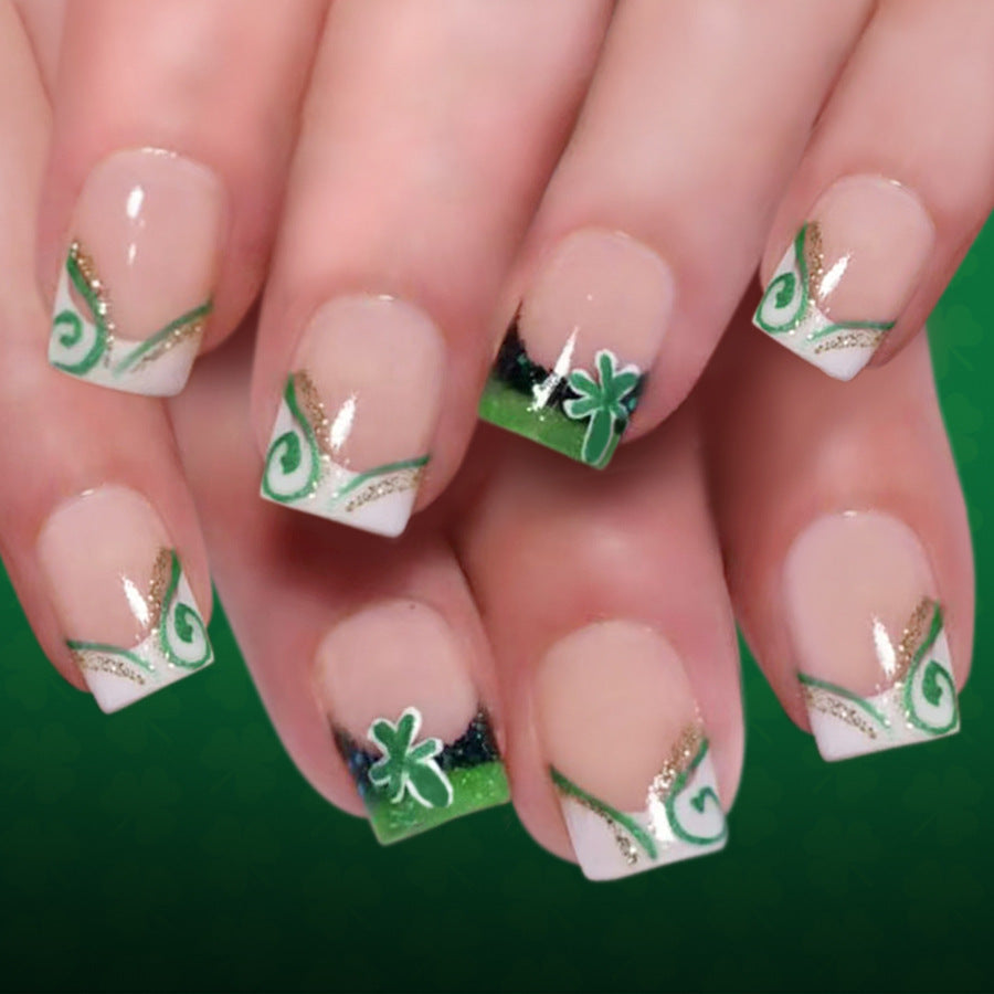 Luck of the Irish Elegant Short Square Green Press on Nail Set with Glittering Shamrock Designs