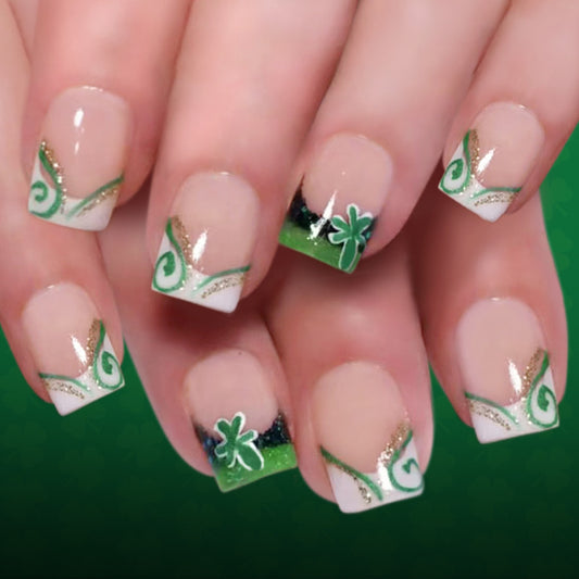 Luck of the Irish Elegant Short Square Green Press on Nail Set with Glittering Shamrock Designs