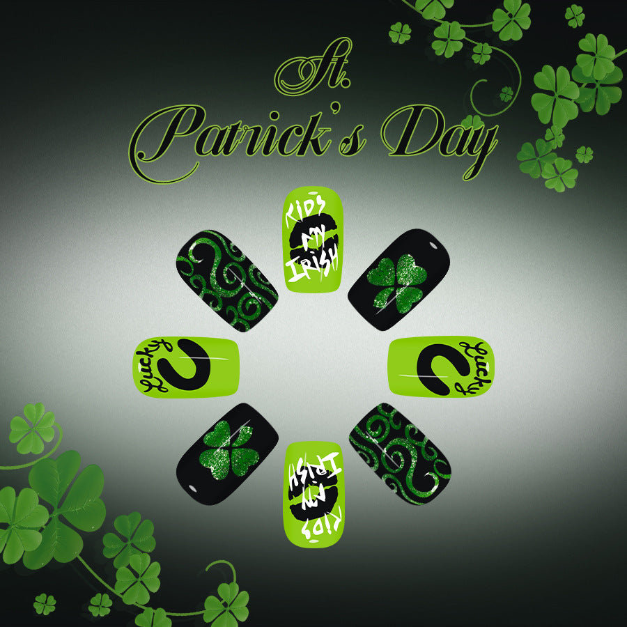 Lucky Charm Press On Nail Set Medium Square Shaped Vibrant Green with Fun St Patrick's Day Designs