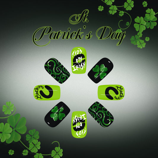 Lucky Charm Press On Nail Set Medium Square Shaped Vibrant Green with Fun St Patrick's Day Designs