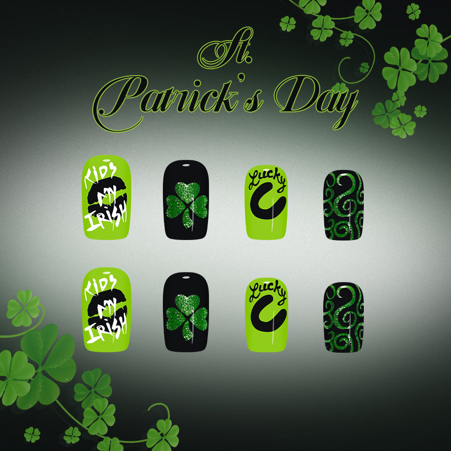 Lucky Charm St Patrick's Day Medium Square Green Glitter Press-On Nail Set with Unique Clover and Design Details