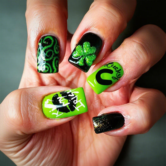 Lucky Charm Green Medium Square Press On Nail Set with Glitter and Unique Designs