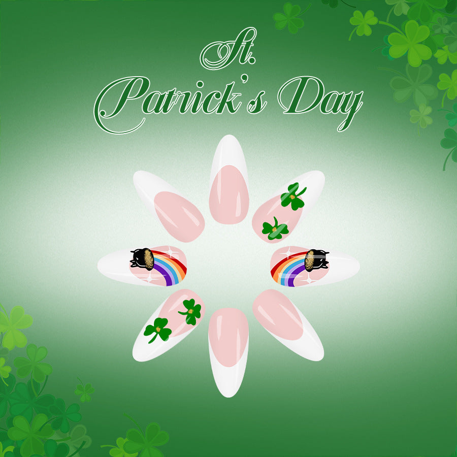 Festive Glamour Long Almond Green and Pink Nail Set with Lucky Clover and Rainbow Designs