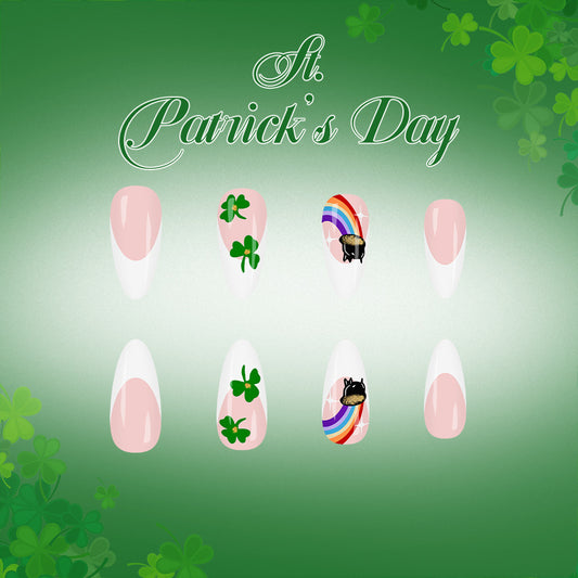 St Patrick's Day Elegant Long Almond Green Pastel with Charming Clover and Rainbow Designs Press On Nail Set