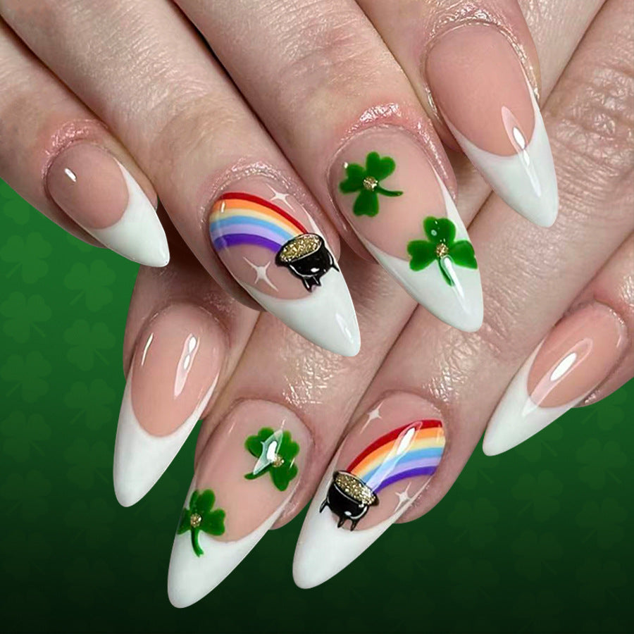 Lucky Charm Elegant Long Almond Press On Nail Set in Clear Beige with Vibrant Green and Gold Accents Featuring Whimsical Rainbow Design
