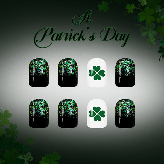 St. Patrick's Day Glittery Short Square Green Ombre Nail Set with Lucky Clover Accent