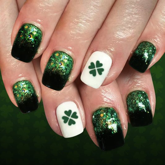 St. Patrick's Day Delight Short Square Dark Green Ombre with Glitter and Lucky Clover Accents Press-On Nail Set
